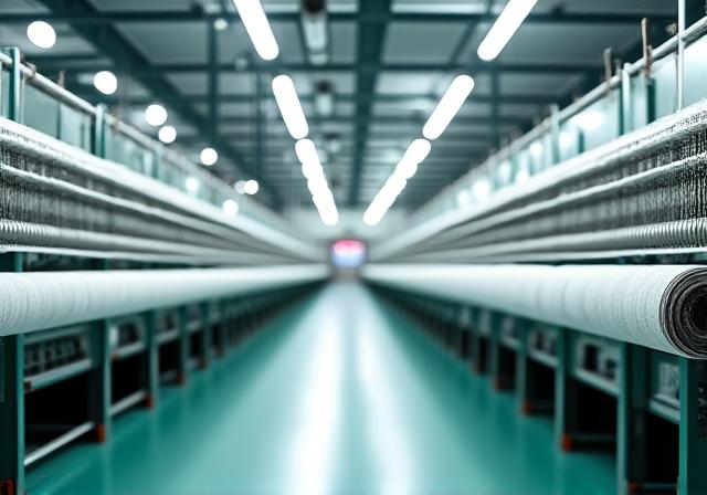 Close-up of a modern industrial weaving loom in operation