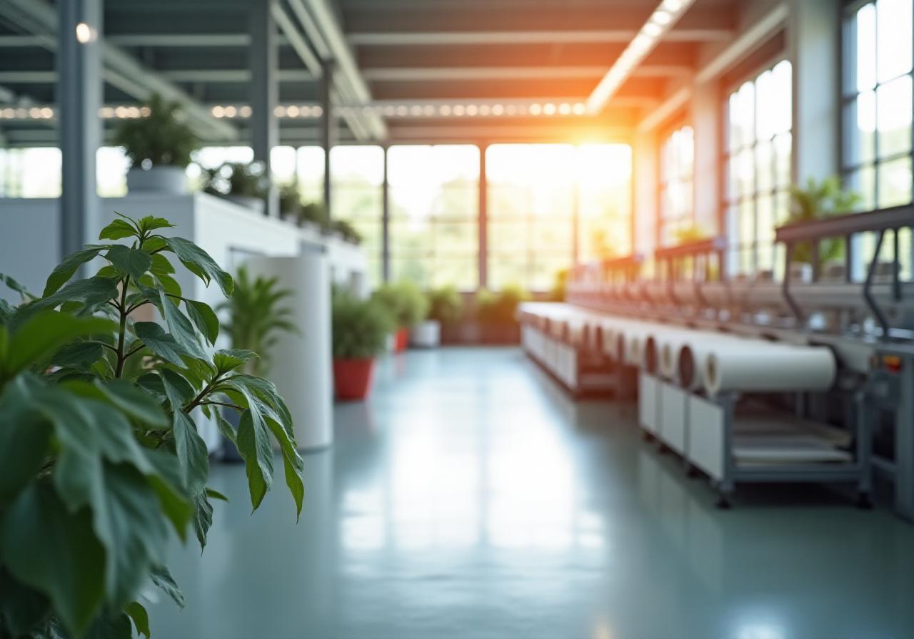 Modern eco-friendly textile manufacturing facility with natural lighting